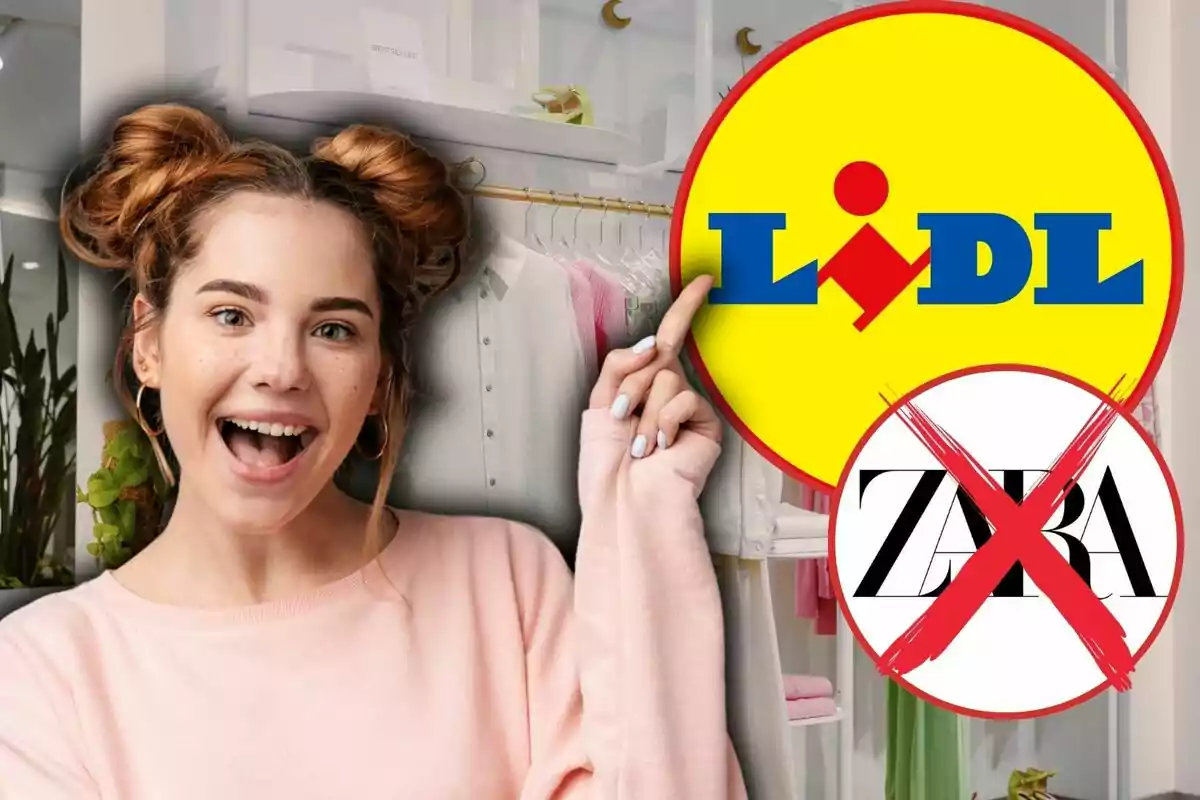 Una persona somrient assenyala el logotip de Lidl mentre un logotip de Zara està ratllat.