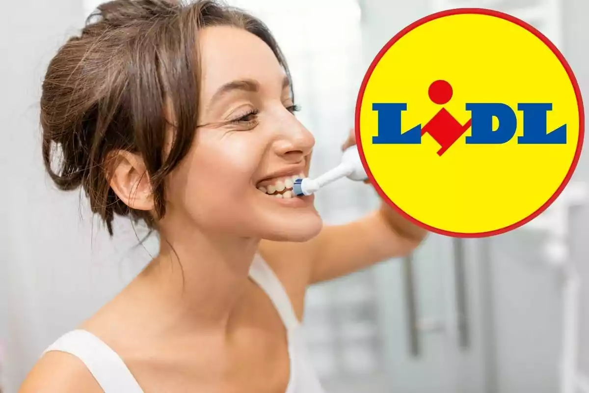 Woman brushing her teeth with an electric toothbrush and the Lidl logo overlaid.