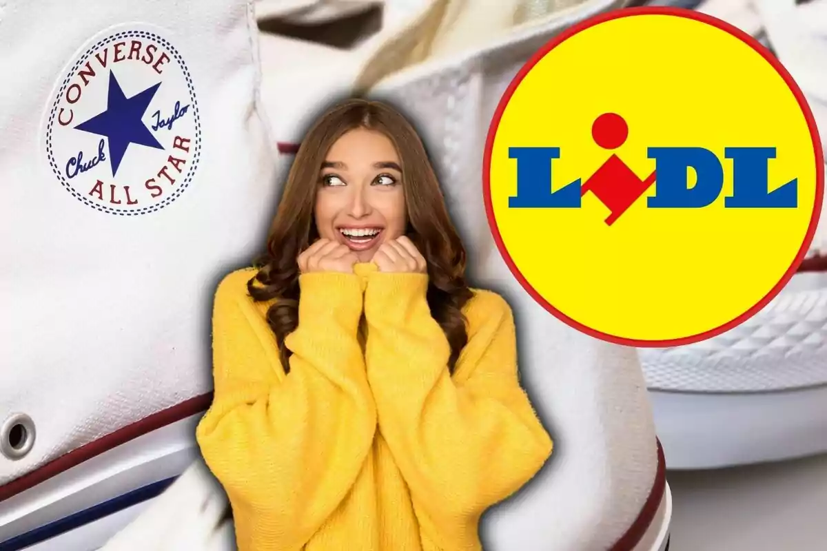 Una dona somrient amb un suèter groc està entre un logotip de Converse i un altre de Lidl.