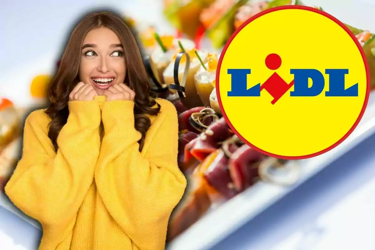 Mujer sonriente con suéter amarillo frente a un fondo de comida y el logo de Lidl.