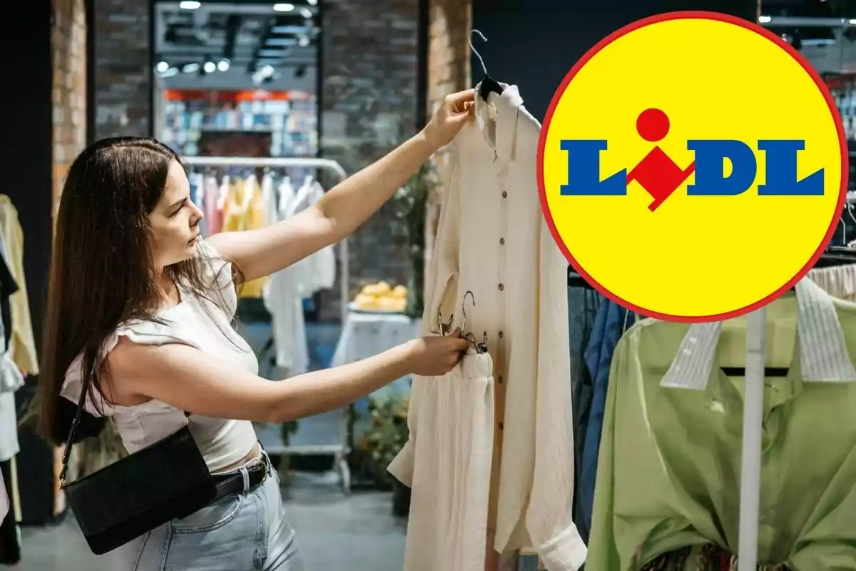 Una mujer observa una prenda de vestir en una tienda de ropa, con el logotipo de Lidl superpuesto en la imagen.