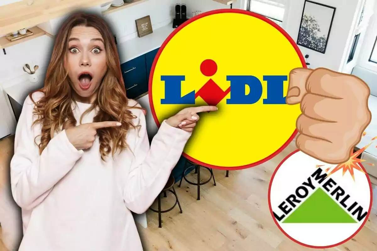 Una dona sorpresa assenyala el logotip de Lidl mentre una mà animada colpeja el logotip de Leroy Merlin en un fons de cuina moderna.