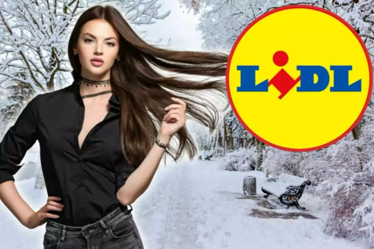 Una mujer con cabello largo y oscuro posa en un entorno invernal nevado, junto al logotipo de Lidl.