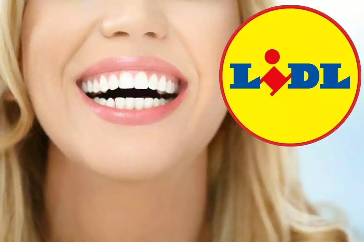 A smiling woman with white teeth next to the Lidl logo in a yellow circle.