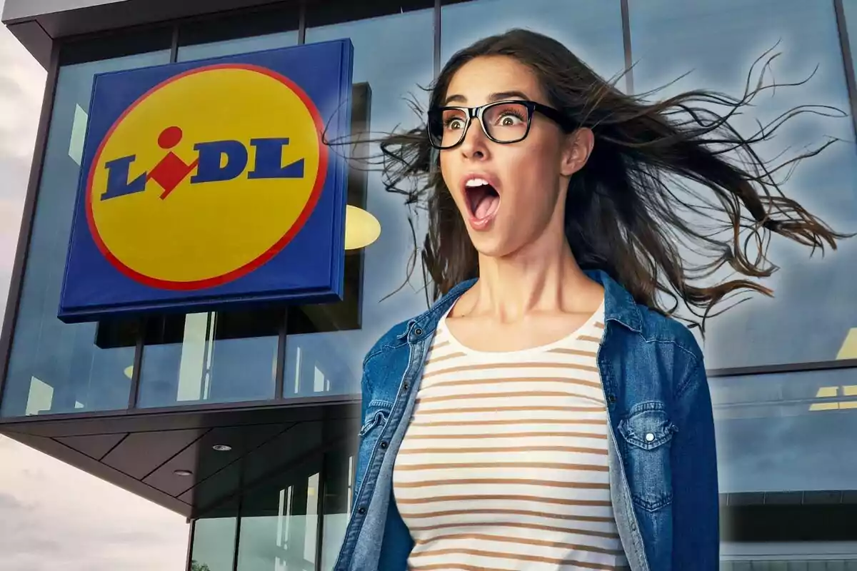 Woman surprised in front of a store with the Lidl logo.