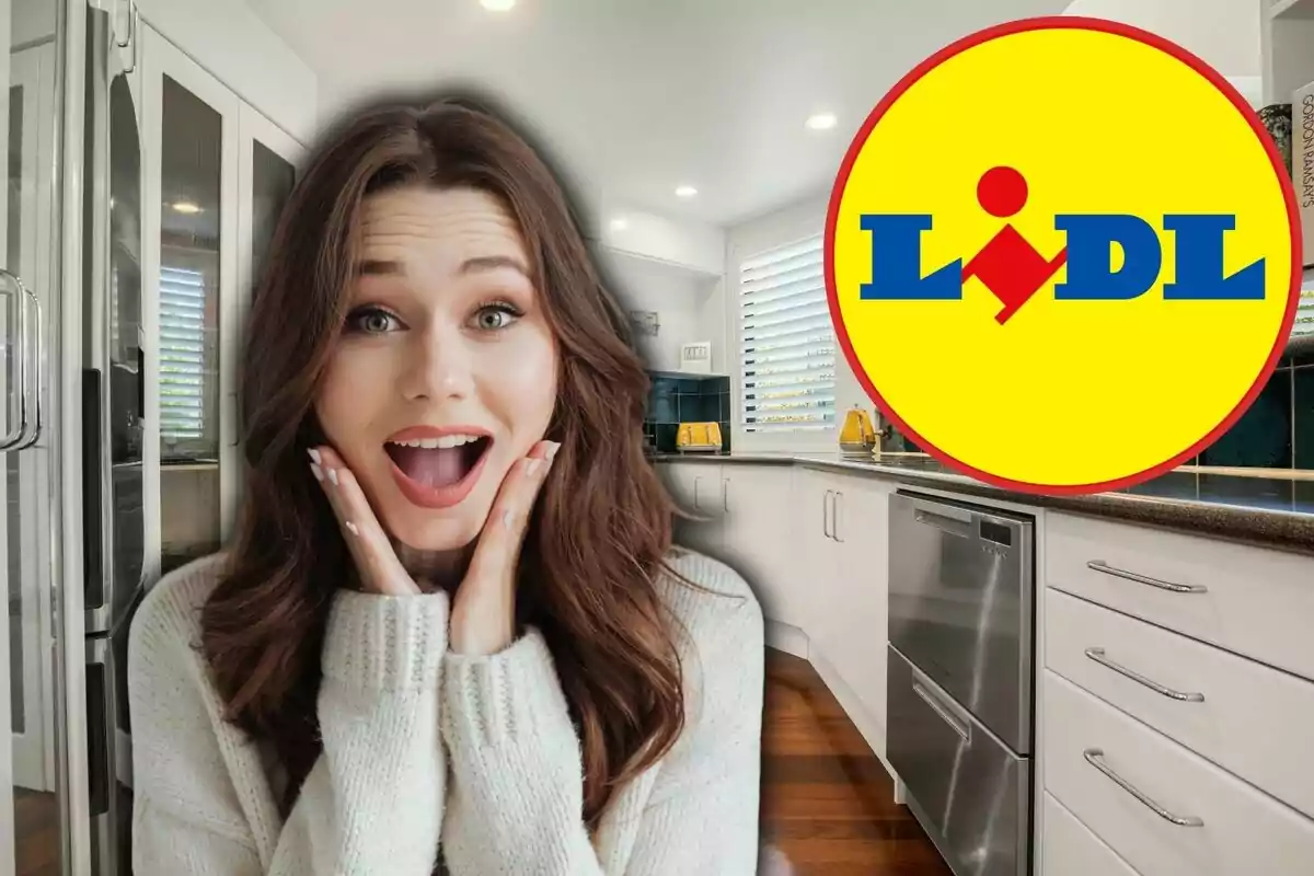 Una dona amb expressió de sorpresa en una cuina moderna amb el logotip de Lidl a la cantonada superior dreta.