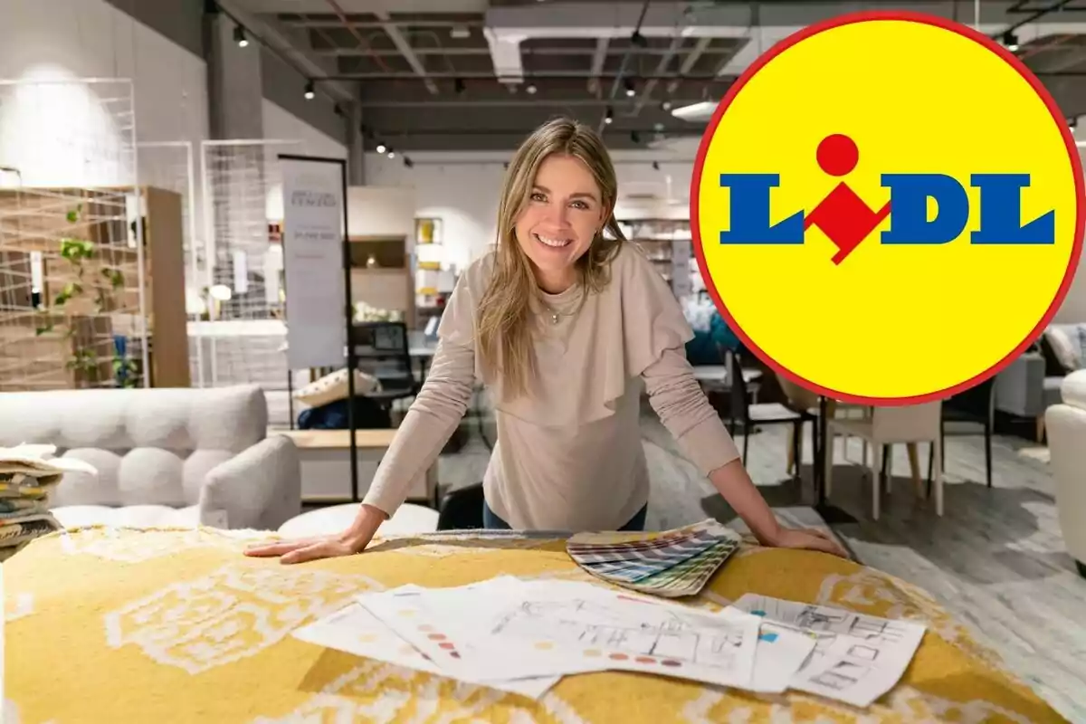 Una persona sonriente en una tienda de muebles con un logotipo de Lidl en la esquina.