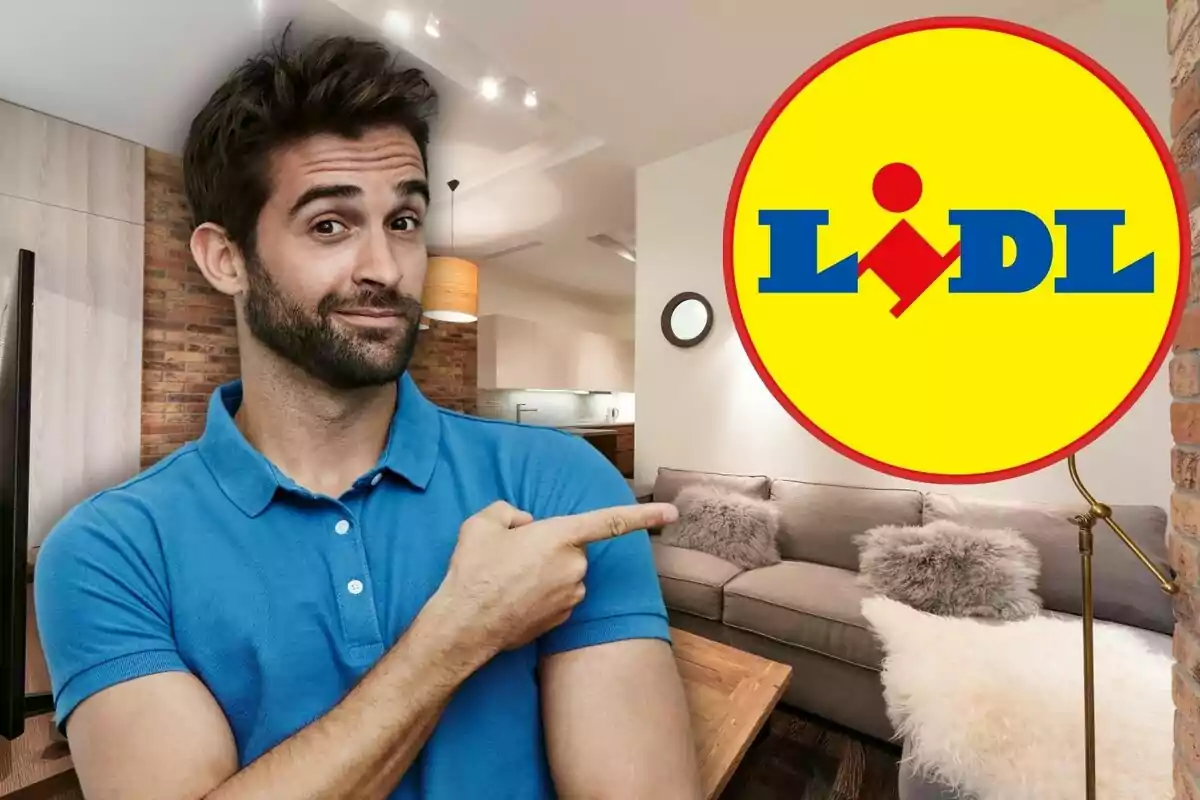 Man in blue jersey pointing at Lidl logo in modern living room.