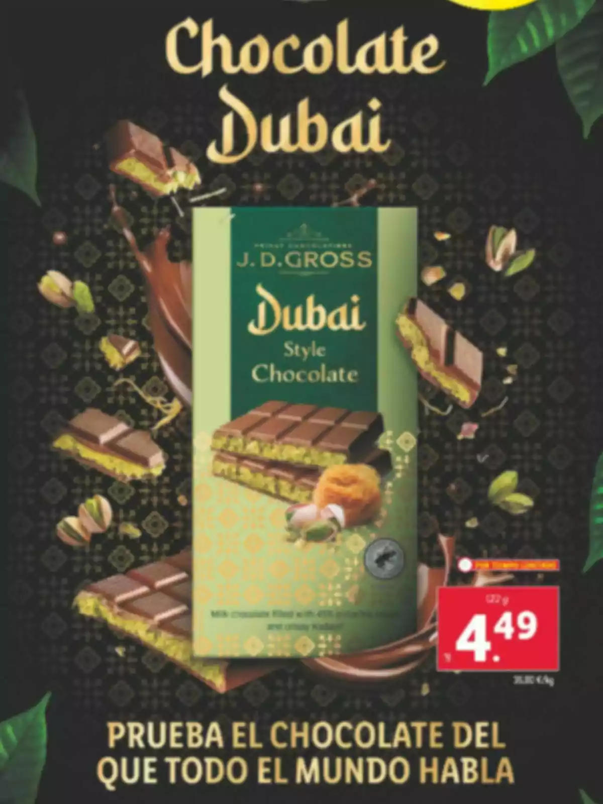 Imatge d'un anunci de xocolata estil Dubai de J.D. Gross, amb un embalatge verd i detalls de festuc, acompanyat d'un preu promocional de 4,49 euros. Imatge d'un anunci de xocolata estil Dubai de J.D. Gross, amb un embalatge verd i detalls de festuc, acompanyat d'un preu promocional de 4,49 euros.