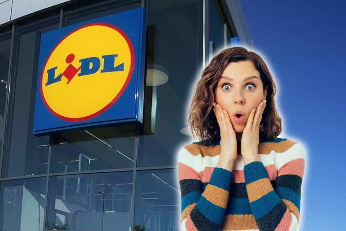 Una mujer sorprendida frente a una tienda Lidl.