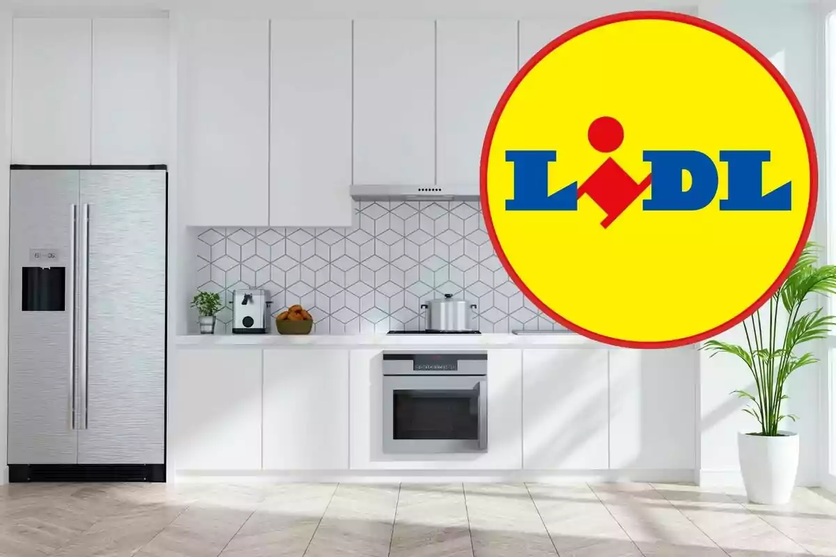 Modern kitchen with stainless steel appliances and a plant in a white pot, with the Lidl logo superimposed in the right corner.