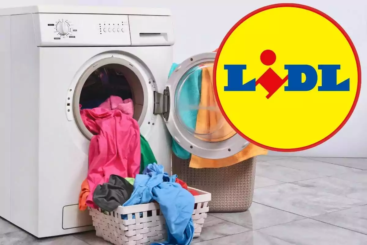 Una rentadora amb roba de colors i el logotip de Lidl.