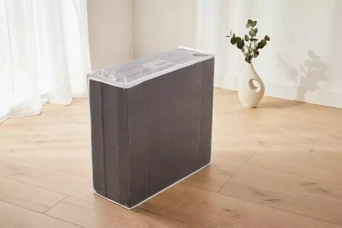 Una caixa rectangular grisa embolicada amb plàstic transparent està col·locada sobre un terra de fusta clara, al costat d'una cortina blanca i un gerro blanc amb branques verdes. Una caixa rectangular grisa embolicada amb plàstic transparent està col·locada sobre un terra de fusta clara, al costat d'una cortina blanca i un gerro blanc amb branques verdes.