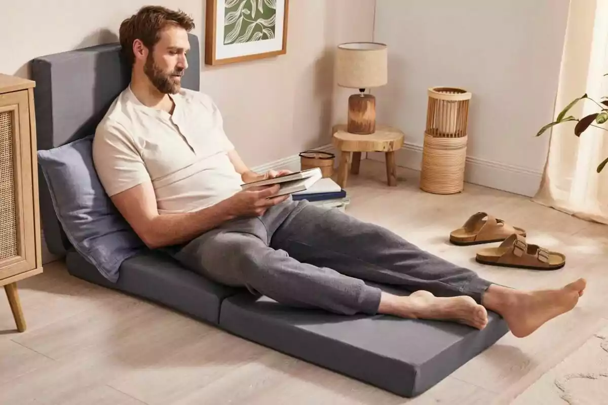 Home assegut en un matalàs plegable a terra, llegint un llibre en una habitació decorada amb mobles de fusta i un llum. Home assegut en un matalàs plegable a terra, llegint un llibre en una habitació decorada amb mobles de fusta i un llum.
