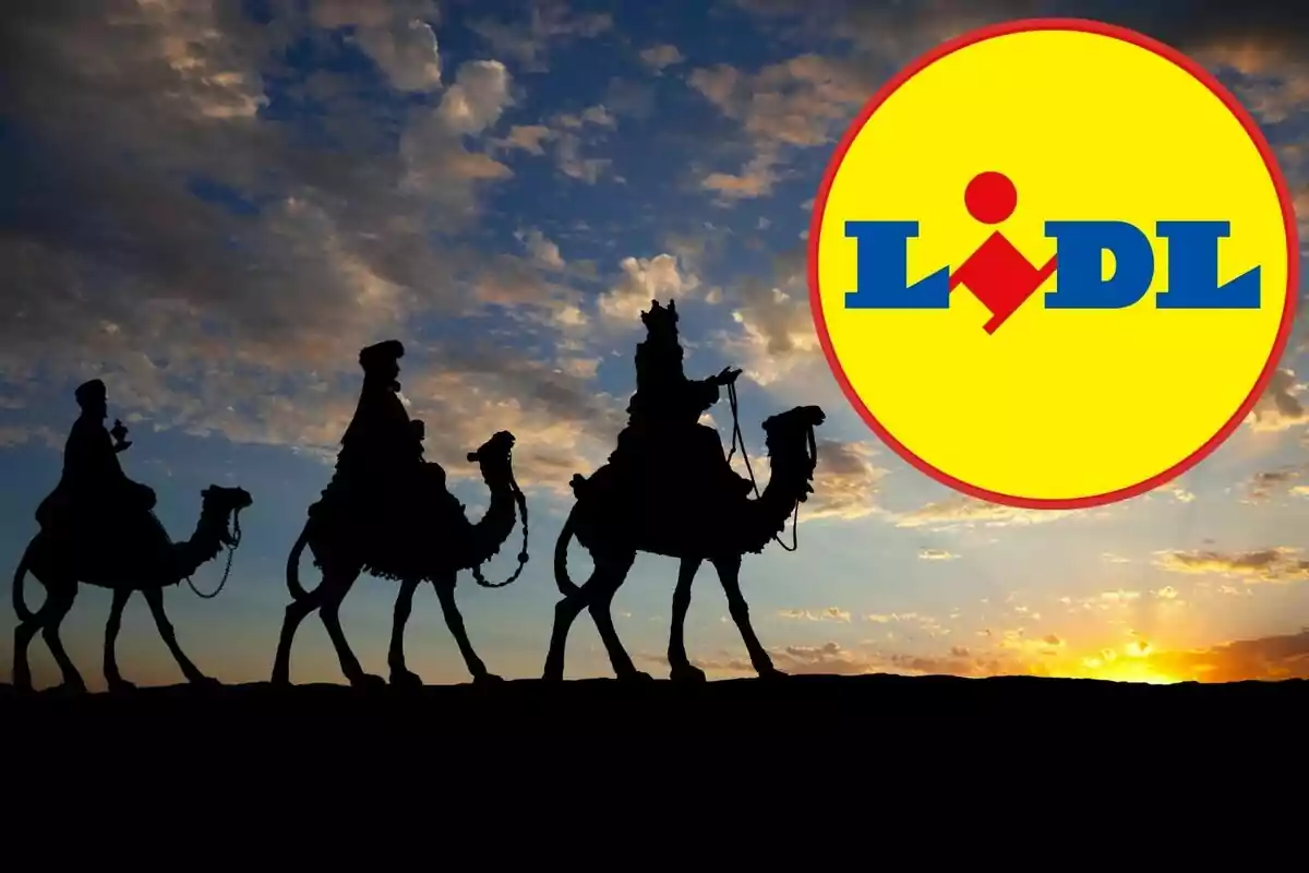 Tres siluetes de persones muntant camells al capvespre amb el logo de Lidl a la cantonada superior dreta.