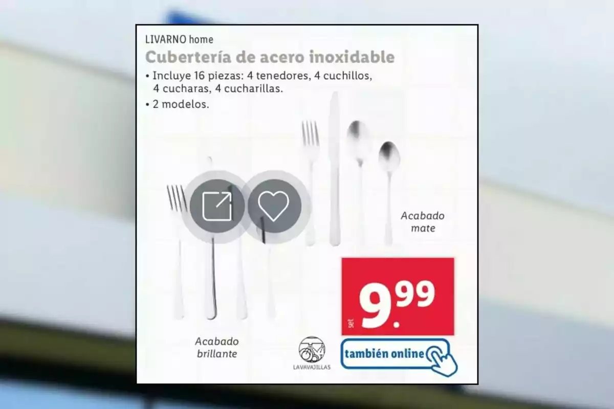 16-piece stainless steel cutlery set with two models available in shiny and matte finish for 9.99 euros.