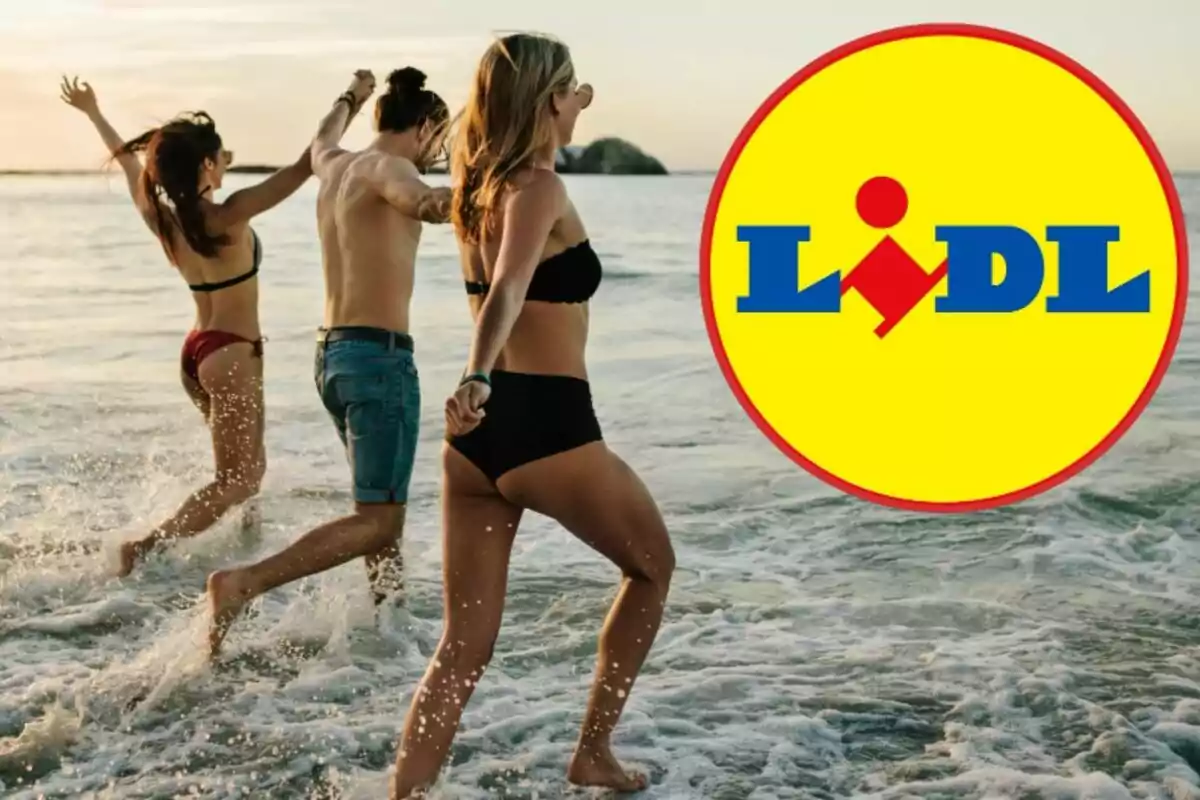 Tres persones corren a la platja mentre el logotip de Lidl apareix a la cantonada dreta de la imatge.