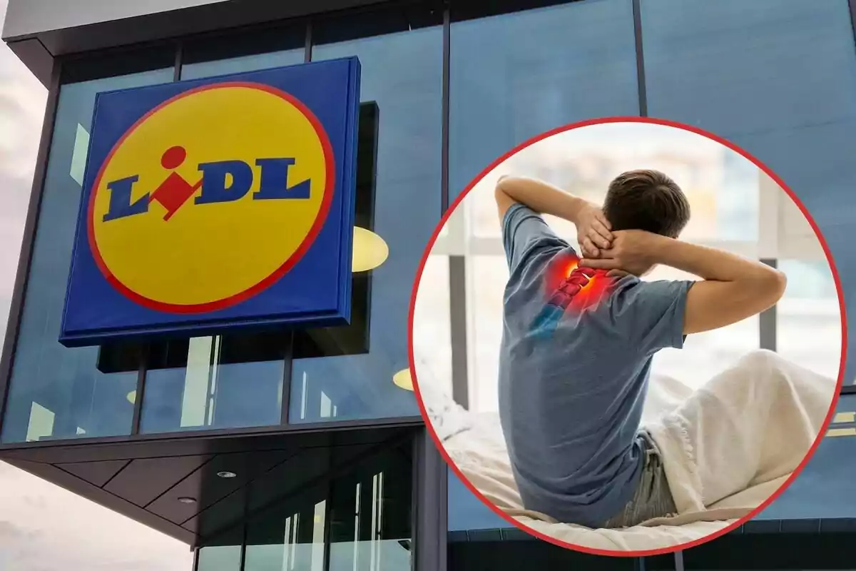 Logo de Lidl en un edifici i una persona amb mal de coll i esquena