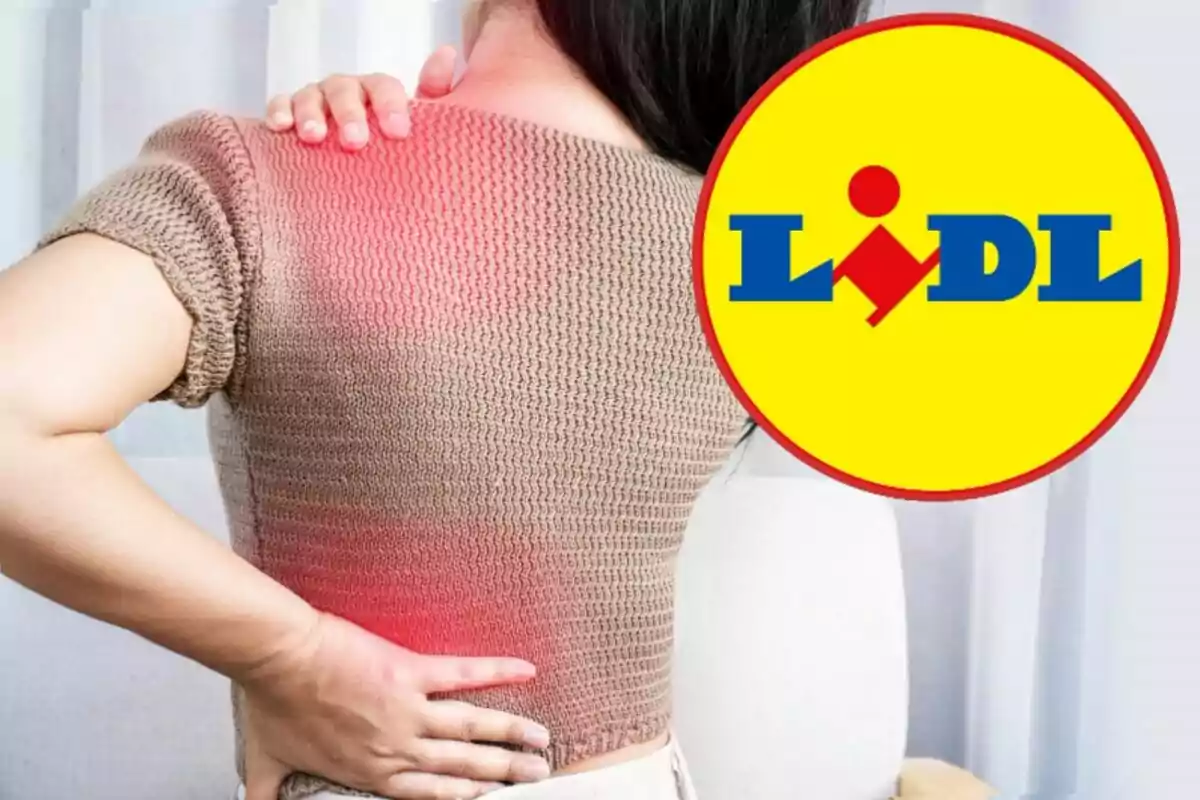 A person with back and shoulder pain, with the Lidl logo superimposed on the image.