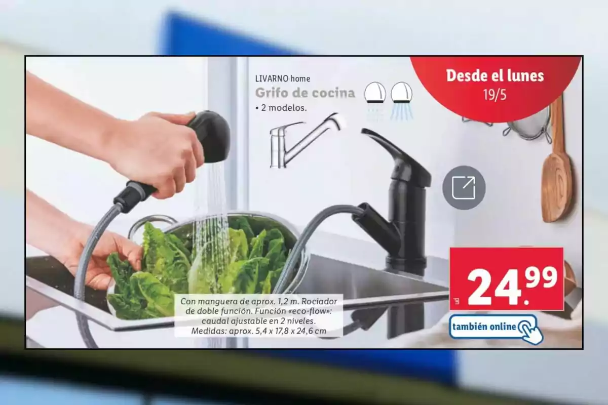 Promoció d'una aixeta de cuina amb ruixador de doble funció i cabal ajustable, disponible en dos models, amb un preu de 24,99 euros i opció de compra en línia. Promoció d'una aixeta de cuina amb ruixador de doble funció i cabal ajustable, disponible en dos models, amb un preu de 24,99 euros i opció de compra en línia.