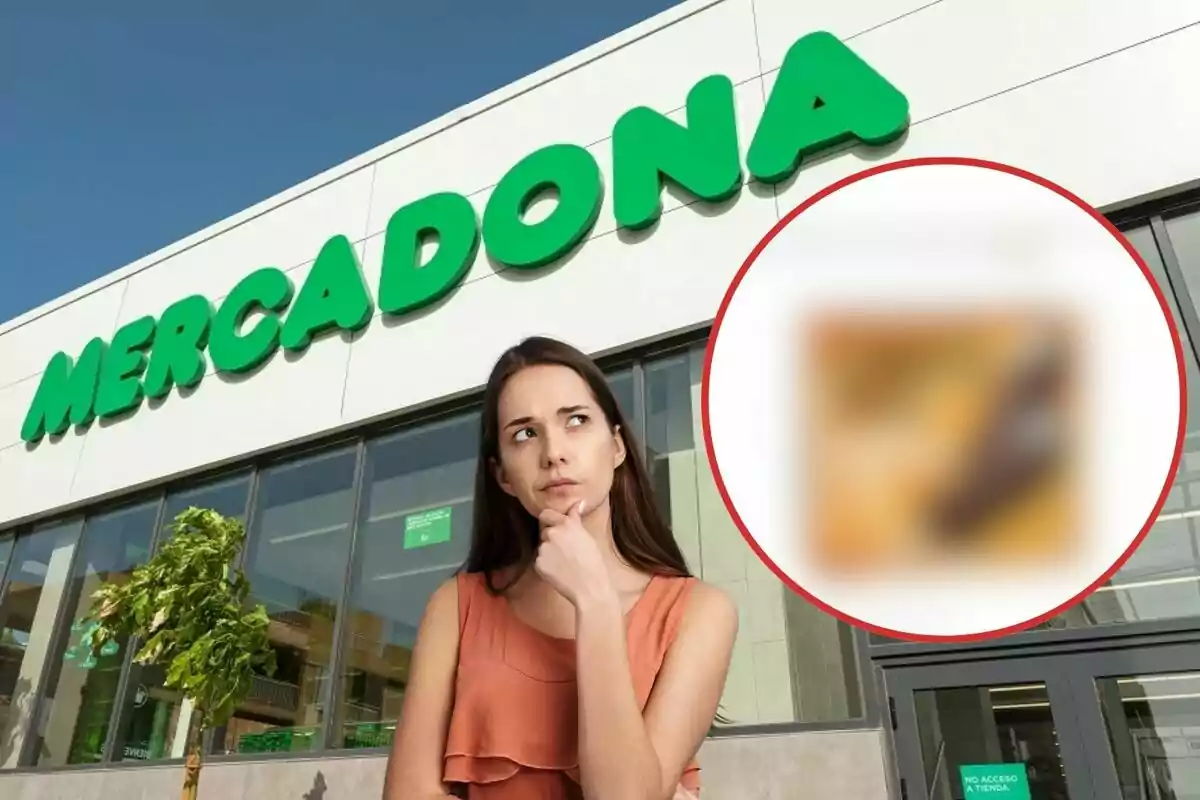 Una dona pensativa davant d'una botiga de Mercadona amb un producte borrós en un cercle vermell.