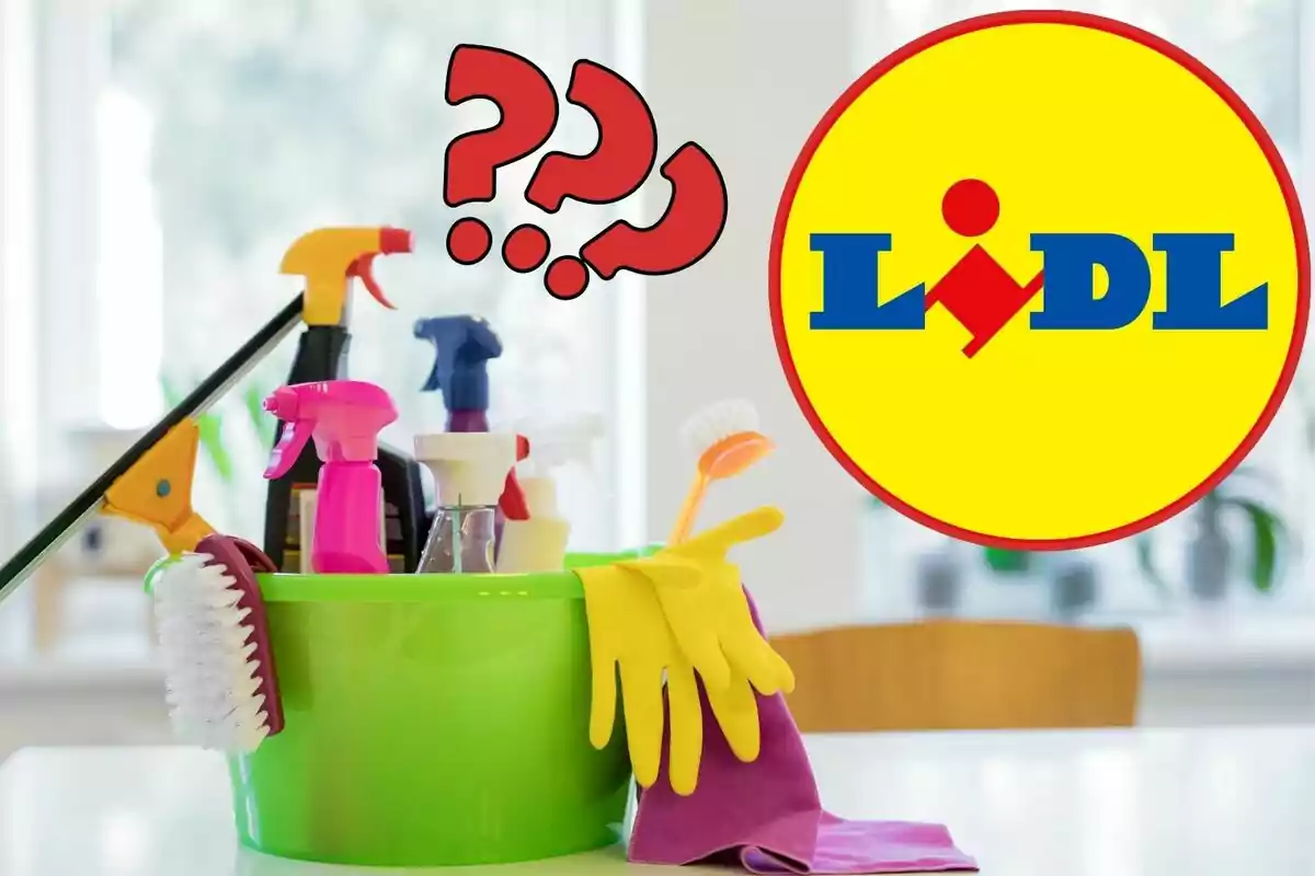 A green bucket filled with cleaning products and utensils such as gloves and brushes with the Lidl logo in the upper right corner and question marks in red.