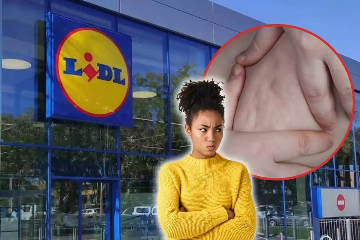 Dona enfadada mirant la cel·lulitis i el supermercat Lidl