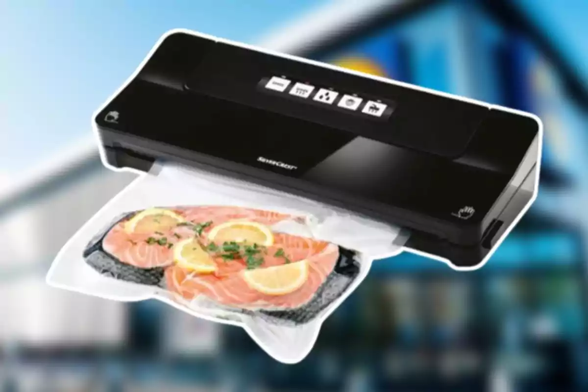 A vacuum sealing machine packaging salmon fillets with lemon slices. A vacuum sealing machine packaging salmon fillets with lemon slices.