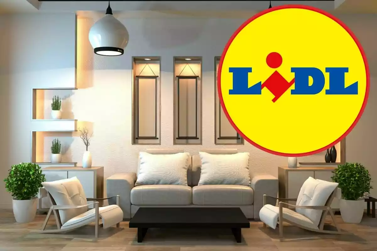 Sala d'estar moderna amb mobles minimalistes i logotip de Lidl a la part superior dreta.