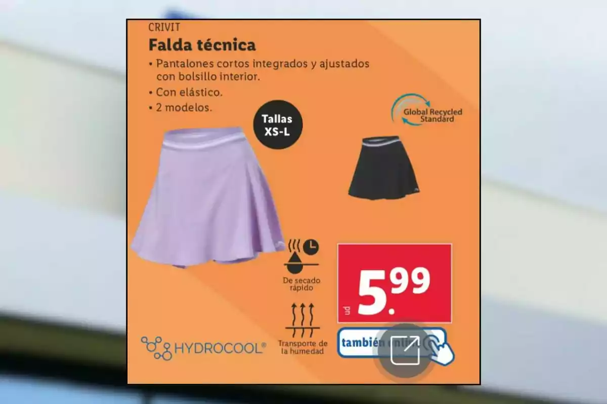 Crivit technical skirt with integrated fitted shorts, elastic, available in two models and sizes XS-L, quick-drying and moisture-wicking, Global Recycled Standard certification, price 5.99. Crivit technical skirt with integrated fitted shorts, elastic, available in two models and sizes XS-L, quick-drying and moisture-wicking, Global Recycled Standard certification, price 5.99.