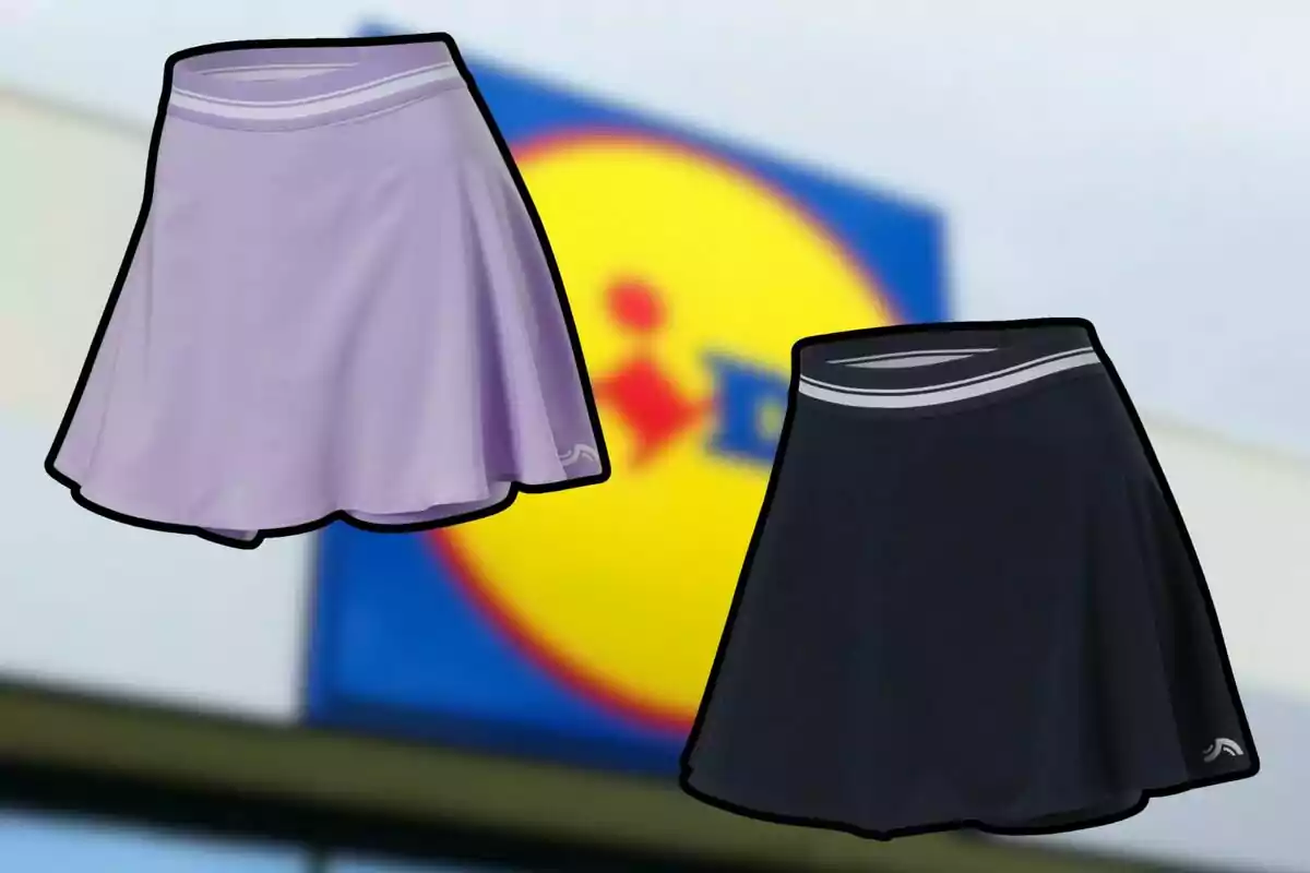 Two sports skirts, one lilac and the other black, with a background showing a blurry logo. Two sports skirts, one lilac and the other black, with a background showing a blurry logo.