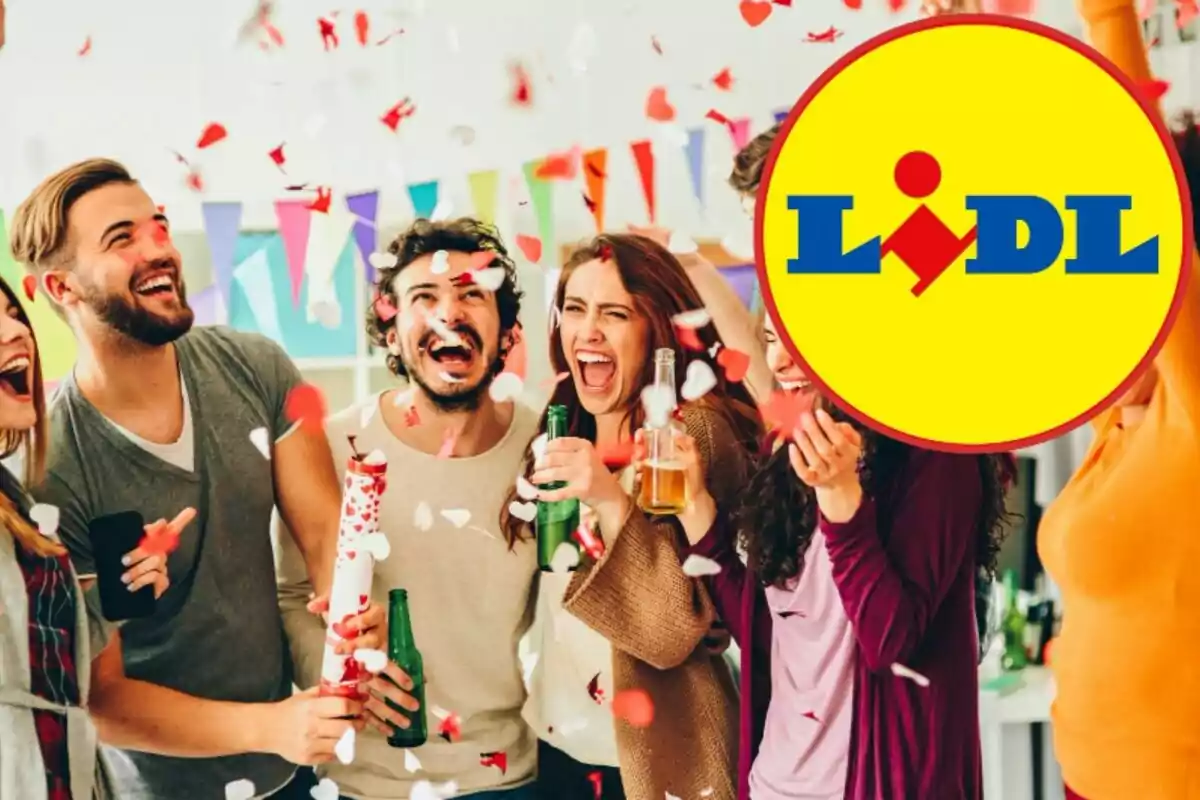 Un grupo de personas celebrando con confeti y bebidas, con un logotipo de Lidl superpuesto.