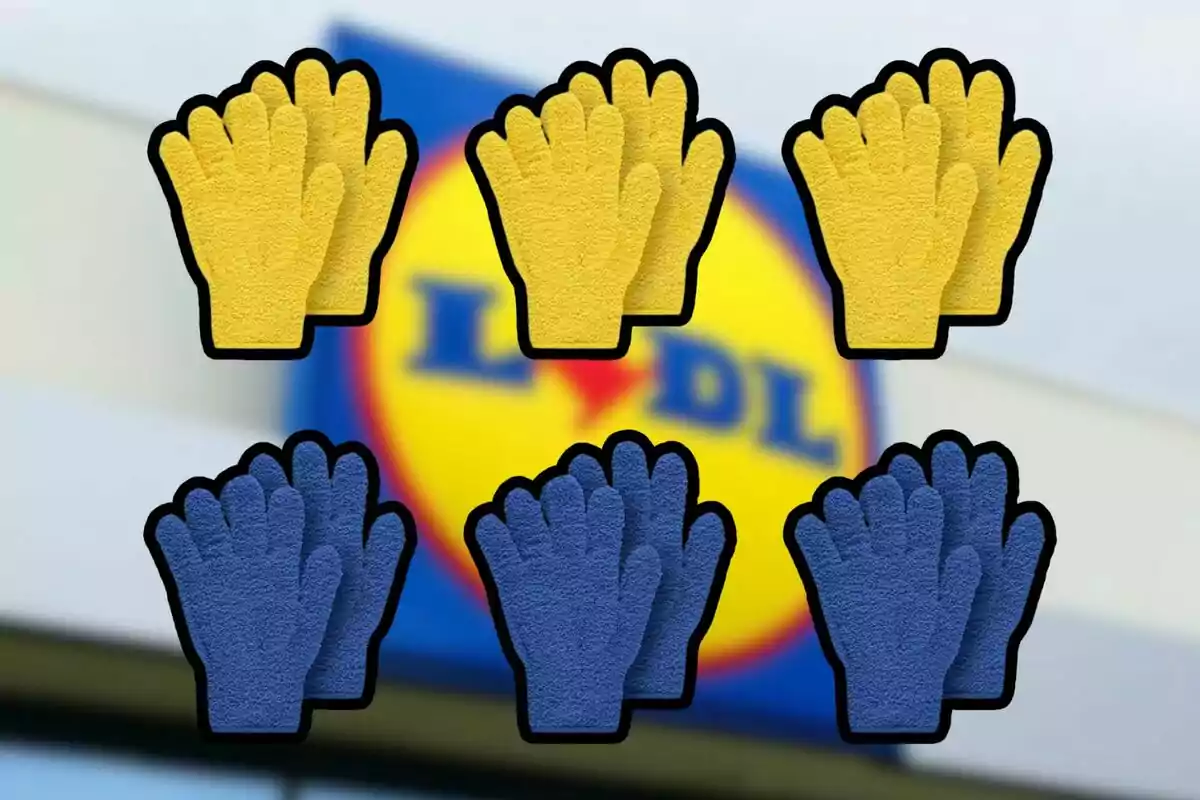 Sis parells de guants de neteja, tres grocs i tres blaus, sobre un fons desenfocat d'un logotip. Sis parells de guants de neteja, tres grocs i tres blaus, sobre un fons desenfocat d'un logotip.
