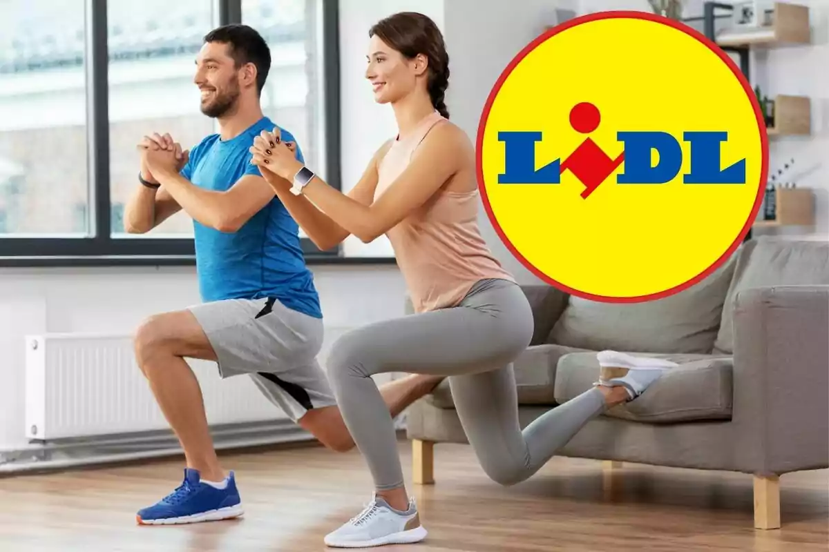 Dues persones fent exercici en una sala amb el logotip de Lidl a la cantonada dreta.