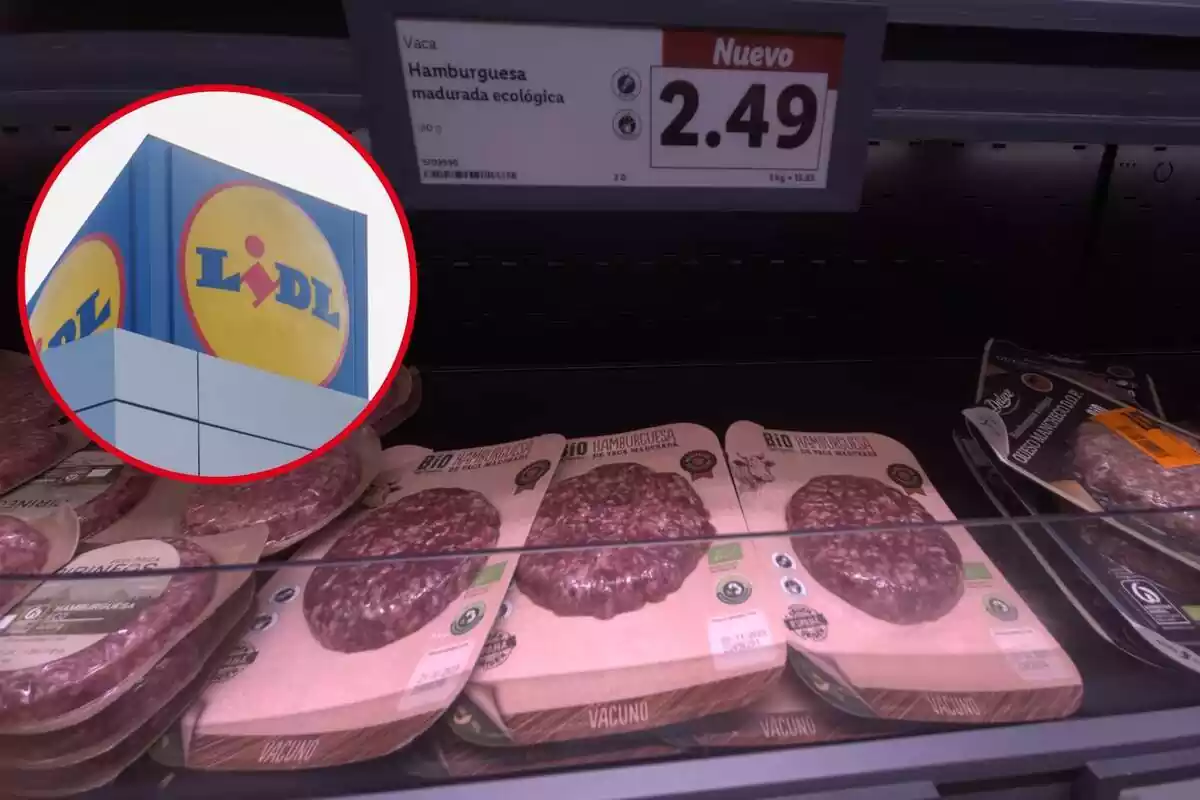 Imatge de fons de diverses hamburgueses de Lidl amb un cartellet amb el preu i una altra imatge d'un logotip d'un supermercat Lidl