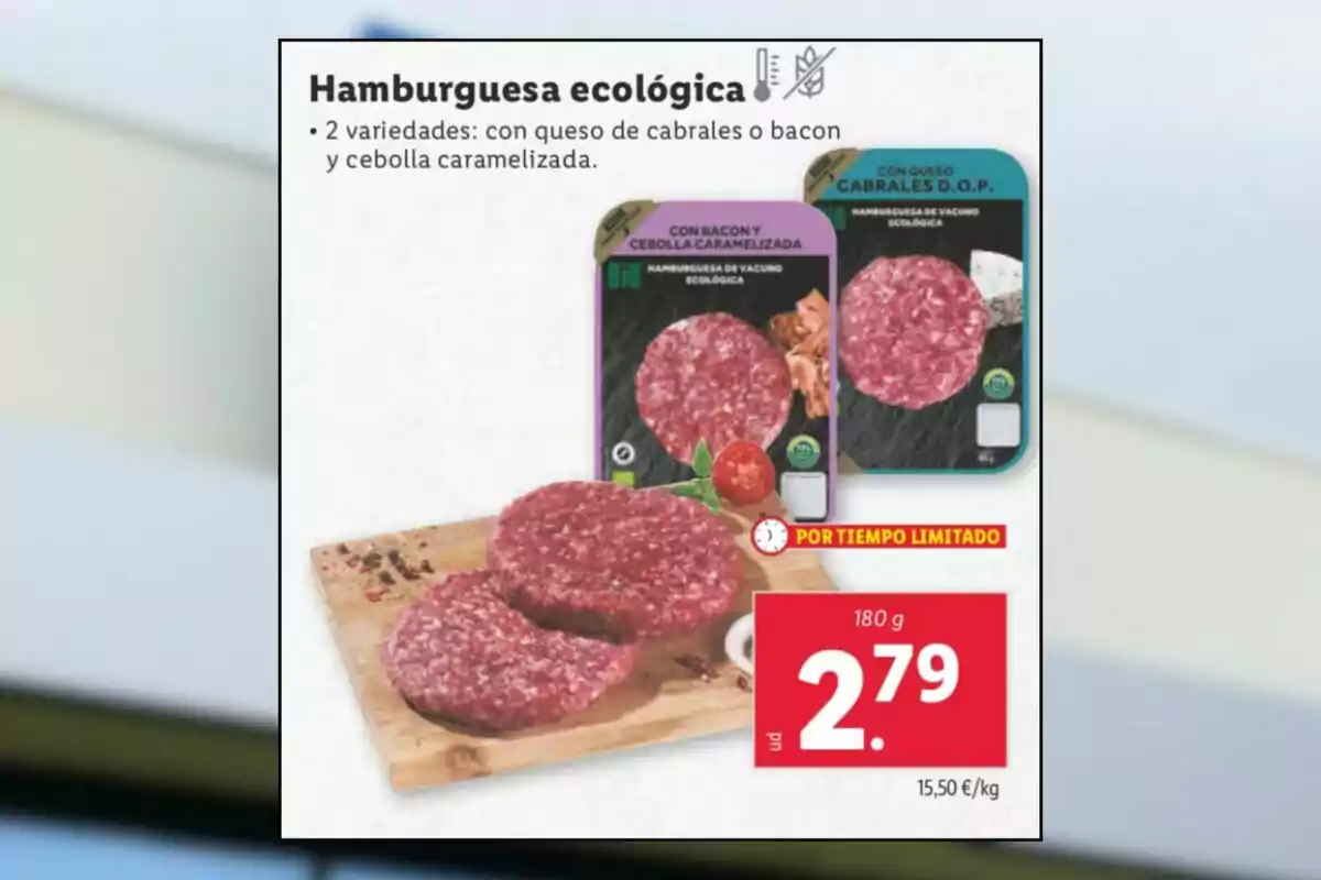 Organic burger with two varieties: with Cabrales cheese or bacon and caramelized onion. Price for 180 g: €2.79. Limited time offer. Organic burger with two varieties: with Cabrales cheese or bacon and caramelized onion. Price for 180 g: €2.79. Limited time offer.