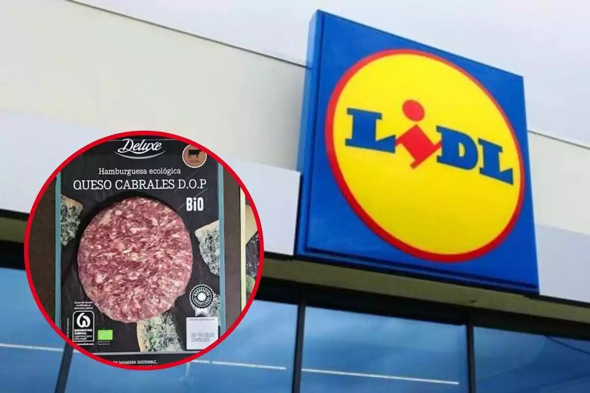 Muntatge amb el logo de Lidl i un cercle amb l'hamburguesa Deluxe amb formatge cabrals