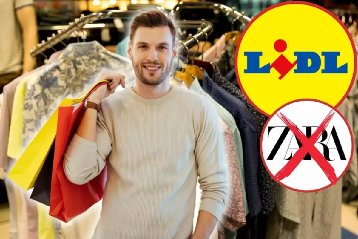 Smiling man with shopping bags in front of a clothing rack and the Lidl and Zara logos, the latter crossed out