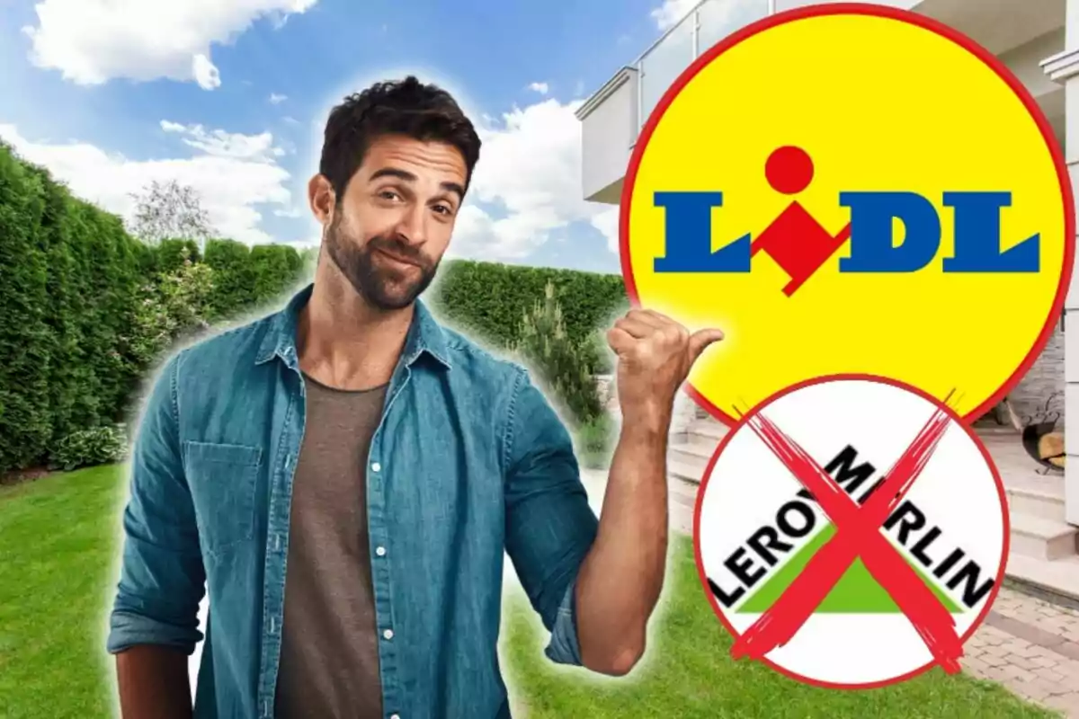 Smiling man in a garden pointing at the Lidl logo while the Leroy Merlin logo appears crossed out