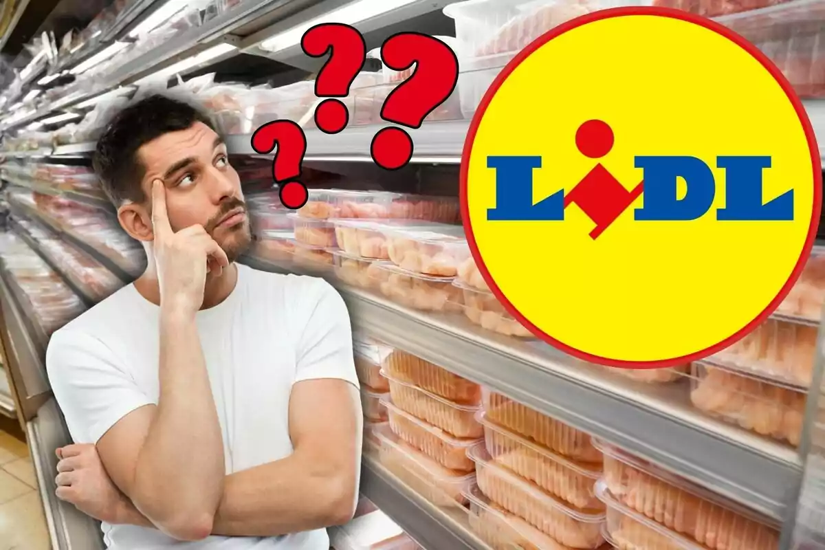 Home pensatiu en un supermercat amb el logotip de Lidl i signes d'interrogació.