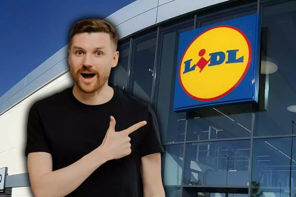 A man with a surprised expression points toward the Lidl store logo in the background.
