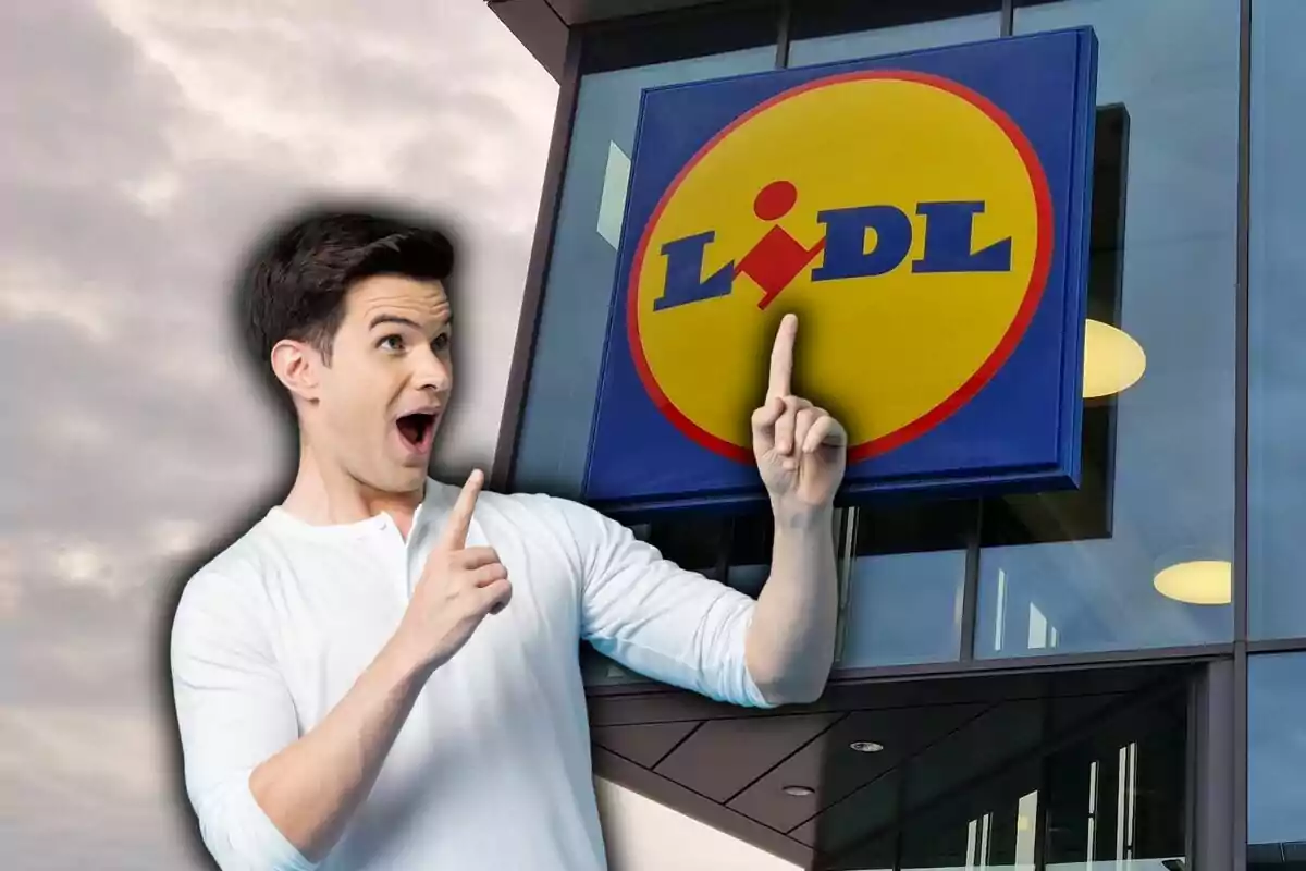 Surprised man pointing at the Lidl logo on the facade of a store.