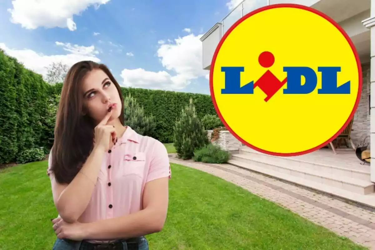 Una dona pensativa en un jardí amb el logotip de Lidl al costat.