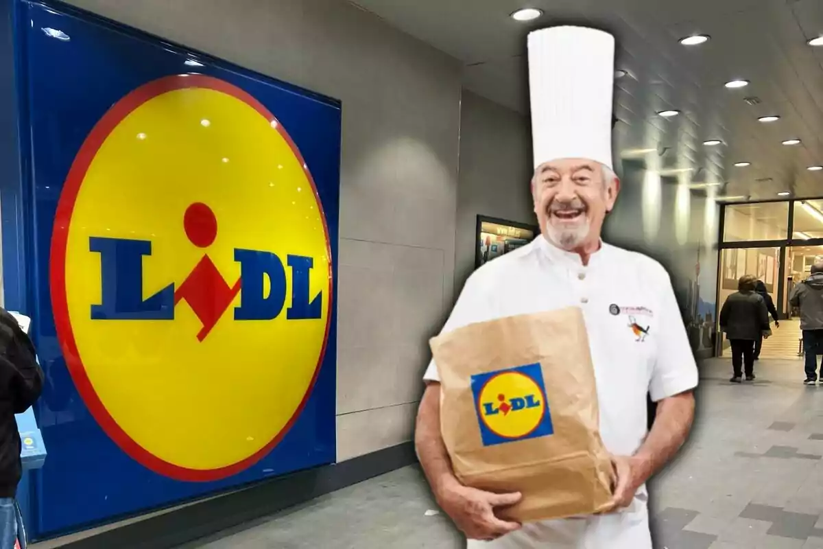 Un xef somrient sosté una bossa de paper amb el logotip de Lidl davant una botiga de la mateixa cadena.