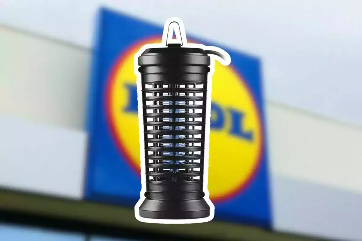 Parany elèctric per a insectes de color negre davant d’un cartell borros d’una botiga Lidl Parany elèctric per a insectes de color negre davant d’un cartell borros d’una botiga Lidl