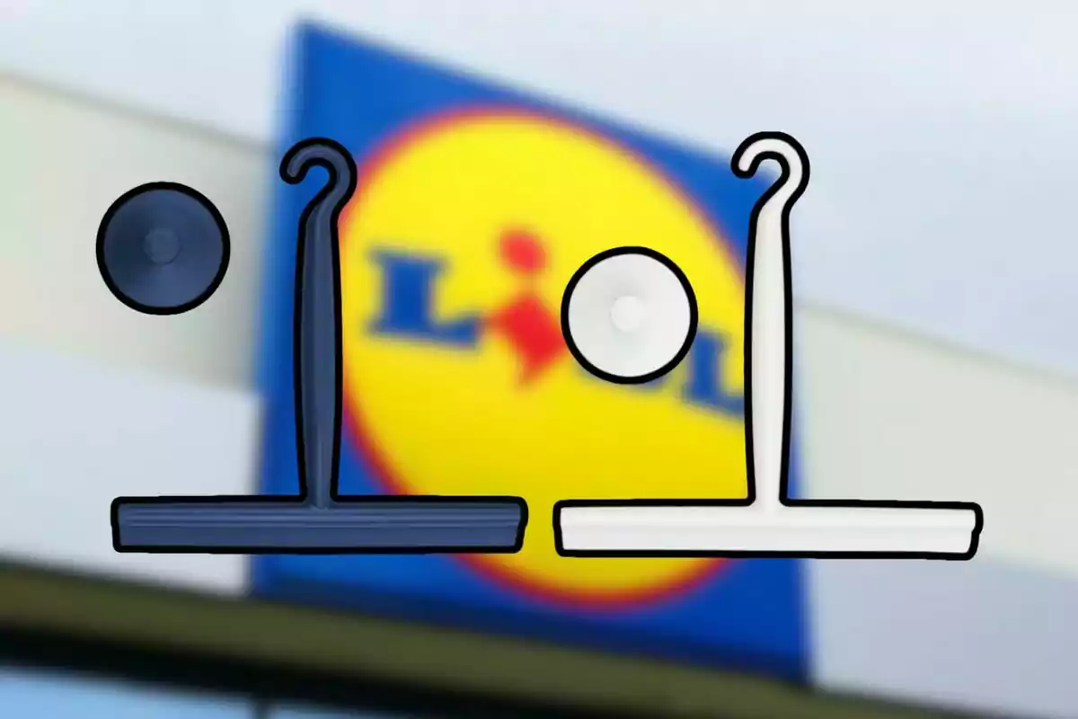 A pair of plastic hooks, one black and one white, with suction cups, in front of a blurry supermarket sign.