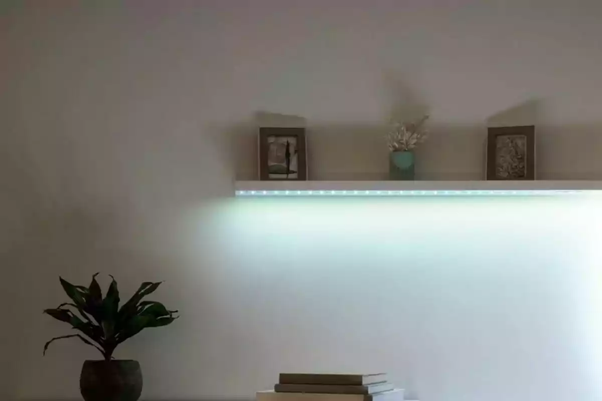 Estante iluminado con cuadros y jarrón sobre una pared clara junto a una planta en maceta y libros apilados. Estante iluminado con cuadros y jarrón sobre una pared clara junto a una planta en maceta y libros apilados.