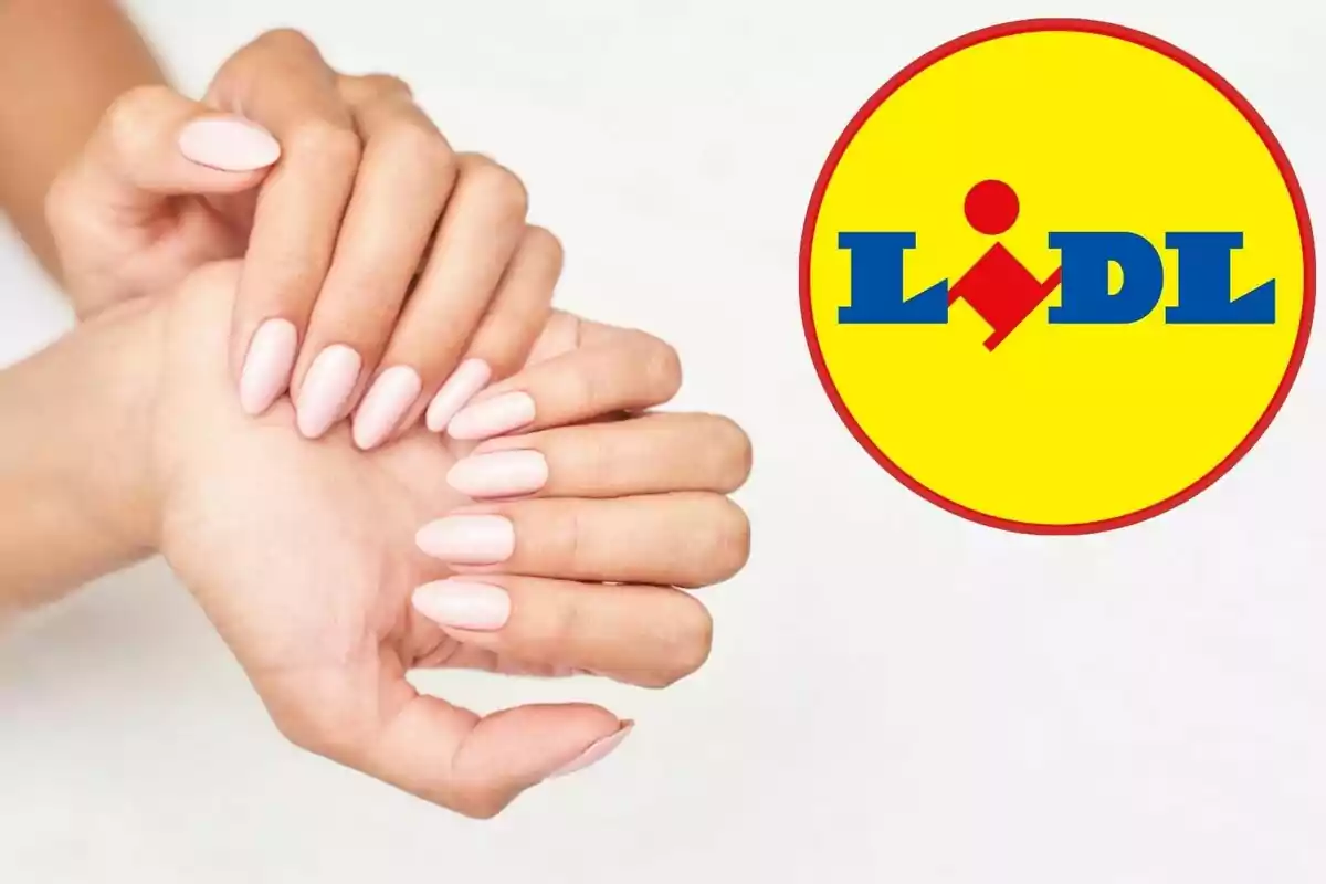 Hands with light-colored painted nails next to the Lidl logo.