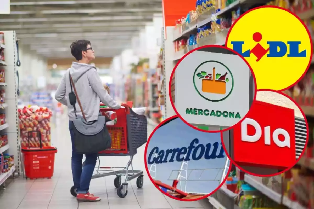 Dona comprant al supermercats i logos de Lidl, Mercadona, Carrefour i Dia