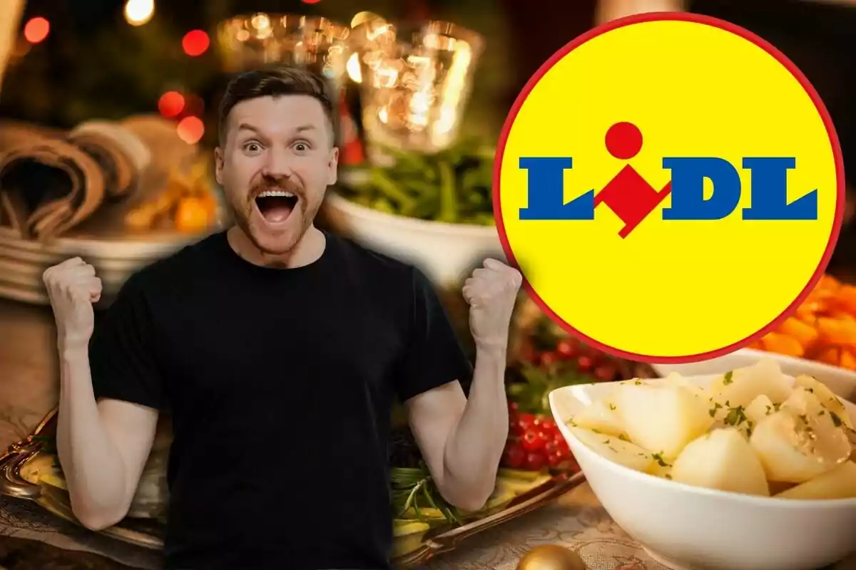 Un home emocionat amb un fons de menjar festiu i el logo de Lidl.